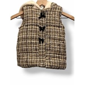 Nicole Miller Girls Tweed Puffer Vest Sz 5 Faux Fur Hood Bow Detail Gold Thread